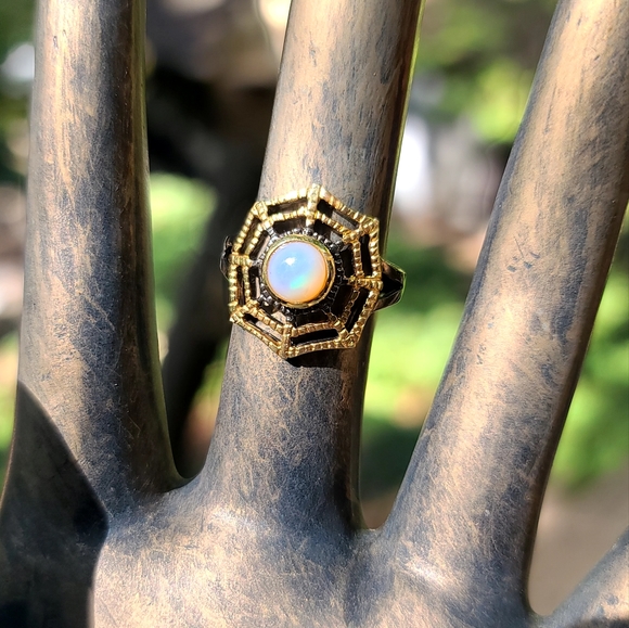 Fire Opal web 🕸 sterling rhodium & gold ring sz7.5 - Picture 5 of 5